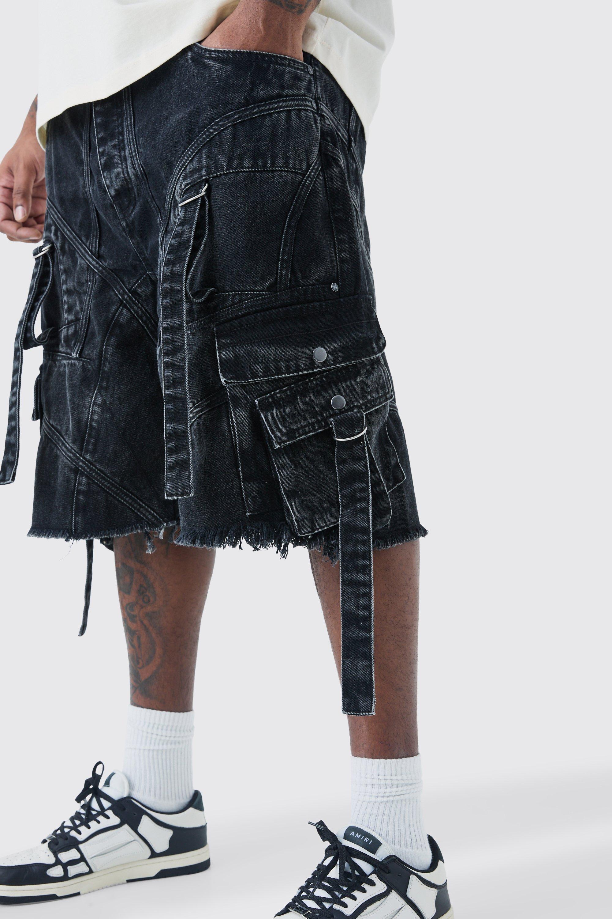 Mens Black Plus Oversized Strap And Buckle Detail Denim Jorts, Black